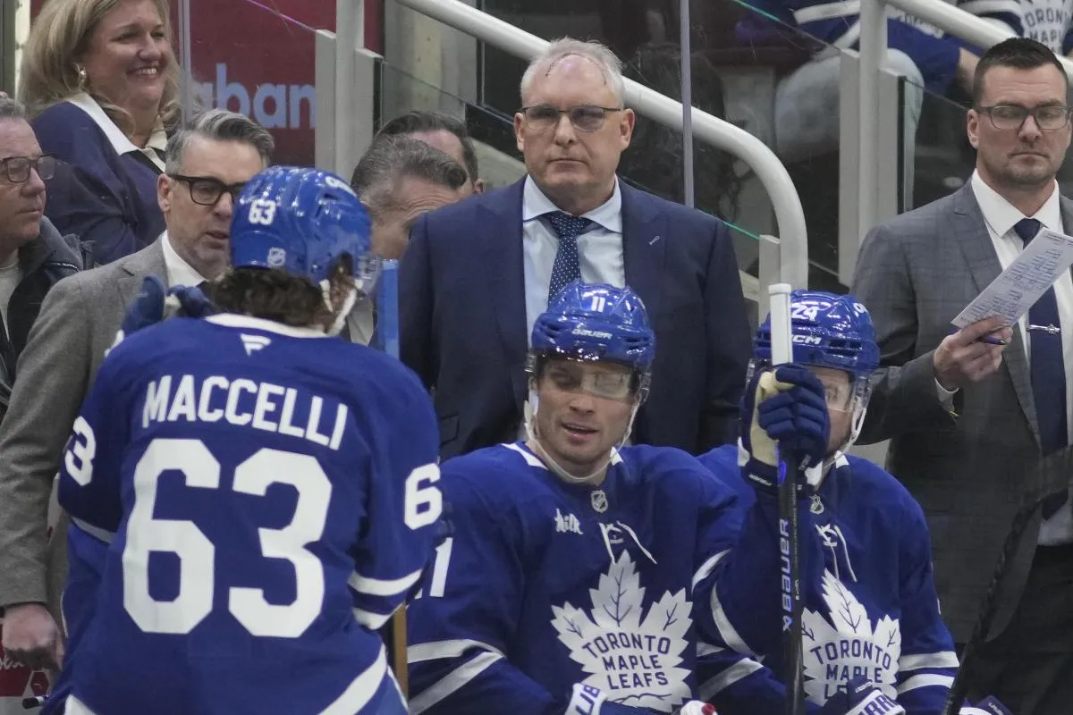 Toronto Maple Leafs head coach Craig Berube (center) during a break in the action against the Colorado Avalanche at Scotiabank Arena.