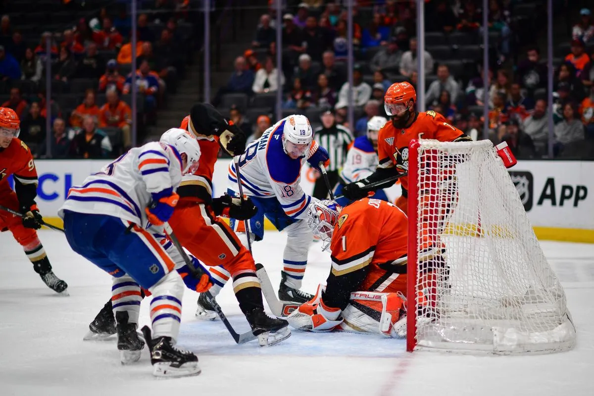 Anaheim Ducks goaltender Lukas Dostal (1) defends the goal against Edmonton Oilers left wing Zach Hyman (18) during the third period at Honda Center.