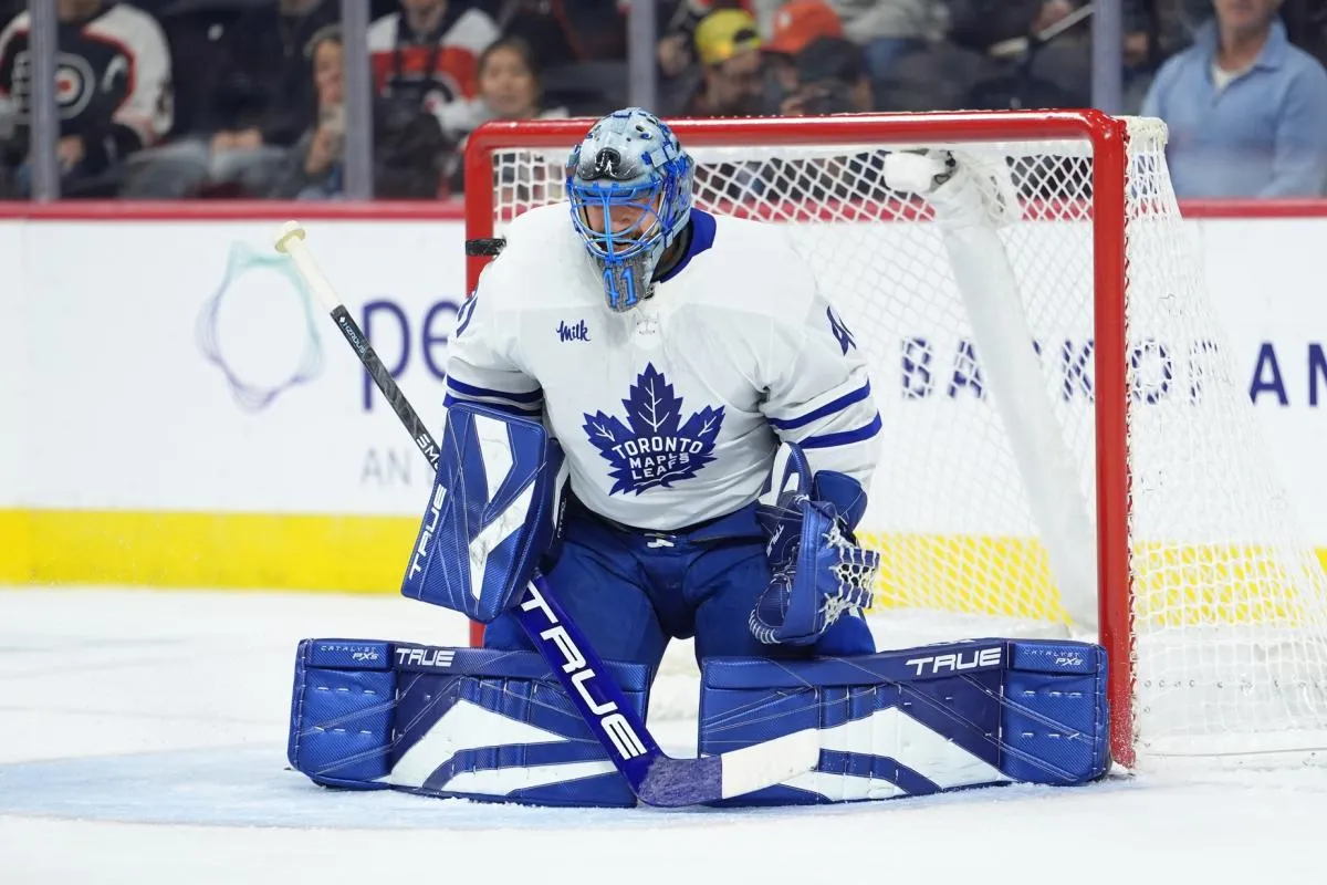 Toronto Maple Leafs goalie Anthony Stolarz (41) makes a save against the Philadelphia Flyers in the second period at Xfinity Mobile Arena.