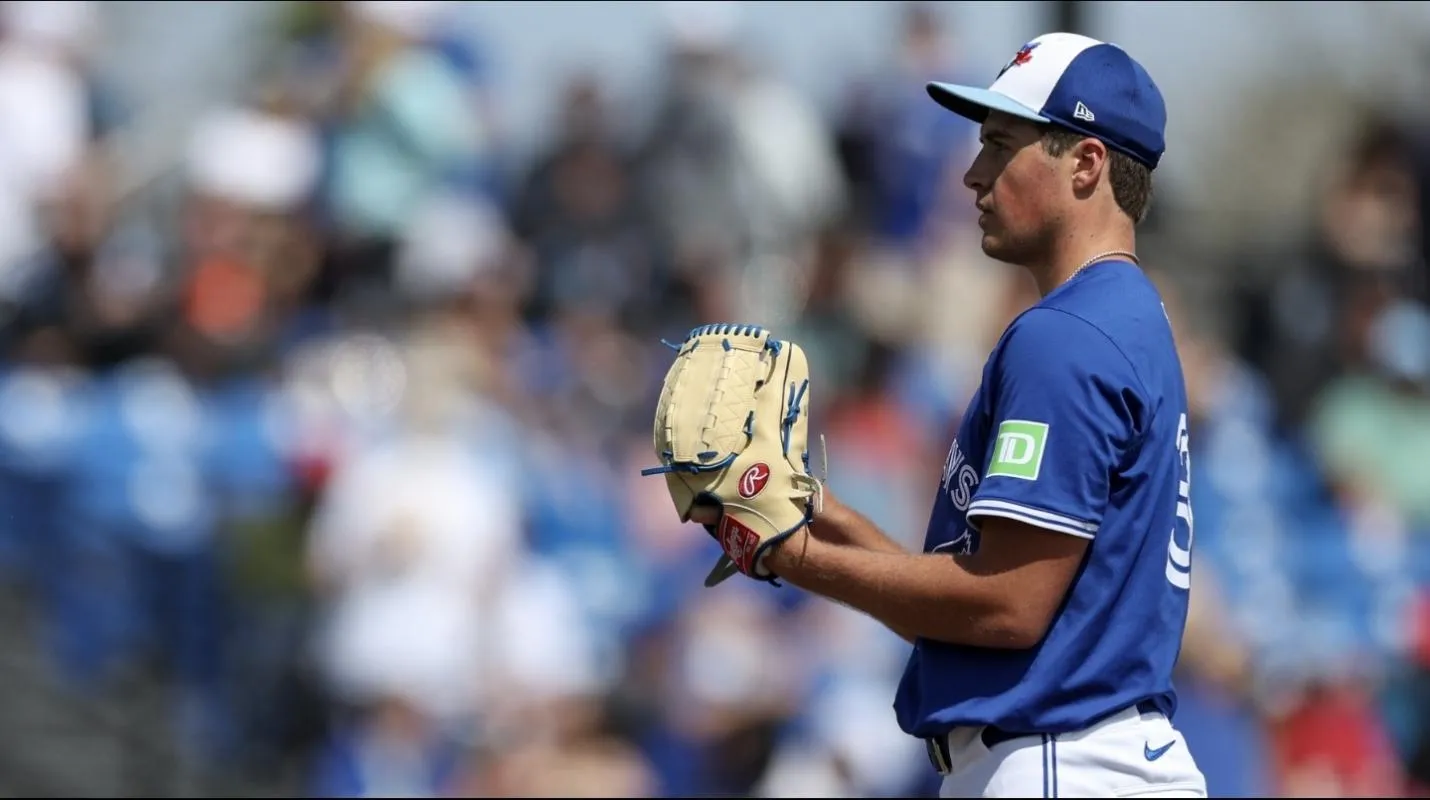 Toronto Blue Jays pitcher Jake Bloss (39) sets to throw a pitch against the Houston Astros in the seventh inning during spring training at TD Ballpark.