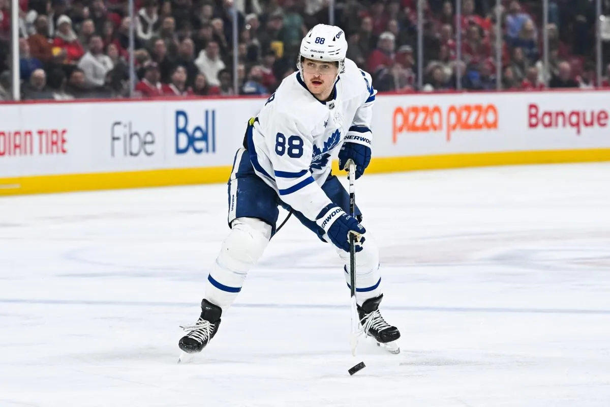 Toronto Maple Leafs right wing William Nylander (88) plays the puck against the Montreal Canadiens during the third period at Bell Centre.