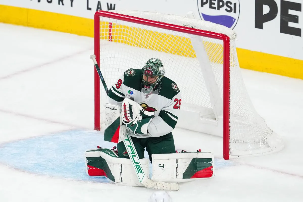 Minnesota Wild goaltender Marc-Andre Fleury (29) makes a save against the Vegas Golden Knights during the third period of game five of the first round of the 2025 Stanley Cup Playoffs at T-Mobile Arena.