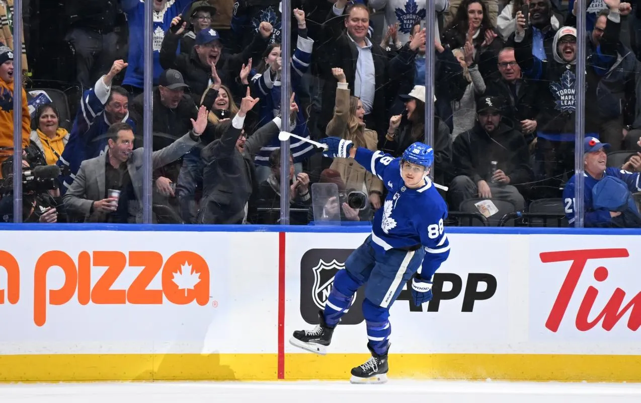 Toronto Maple Leafs forward William Nylander (88) celebrates after scoring the winning goal in overtime against the New Jersey Devils at Scotiabank Arena.
