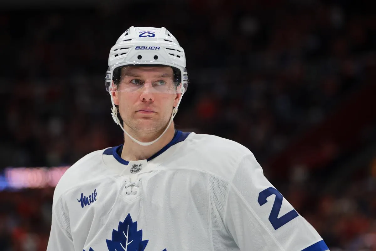 Toronto Maple Leafs defenseman Brandon Carlo (25) looks on against the Florida Panthers during the second period at Amerant Bank Arena.