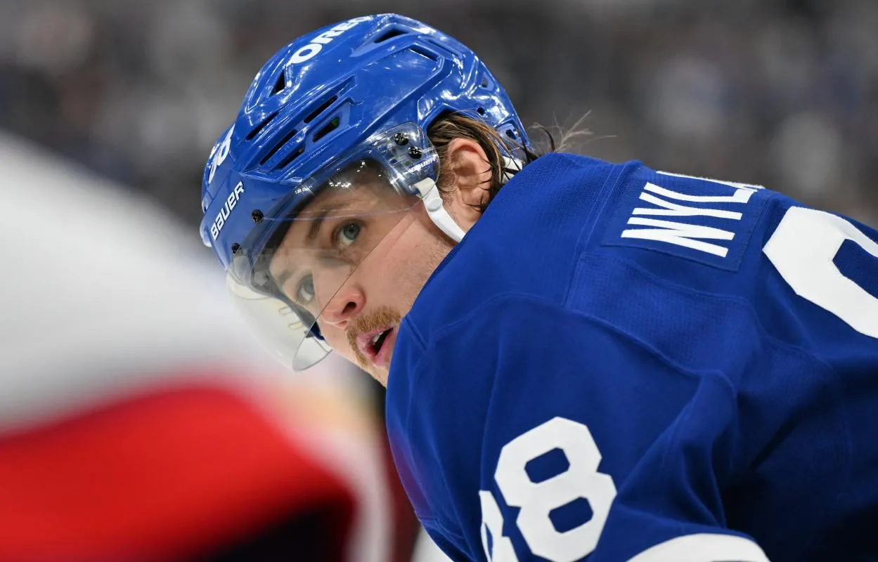 Toronto Maple Leafs forward William Nylander (88) prepares to take a faceoff against the Washington Capitals in the third period at Scotiabank Arena.