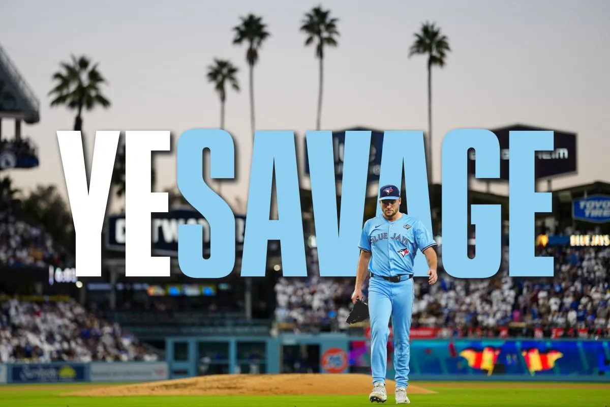 Toronto Blue Jays pitcher Trey Yesavage (39) walks off the mound against the Los Angeles Dodgers during game five of the 2025 MLB World Series at Dodger Stadium.