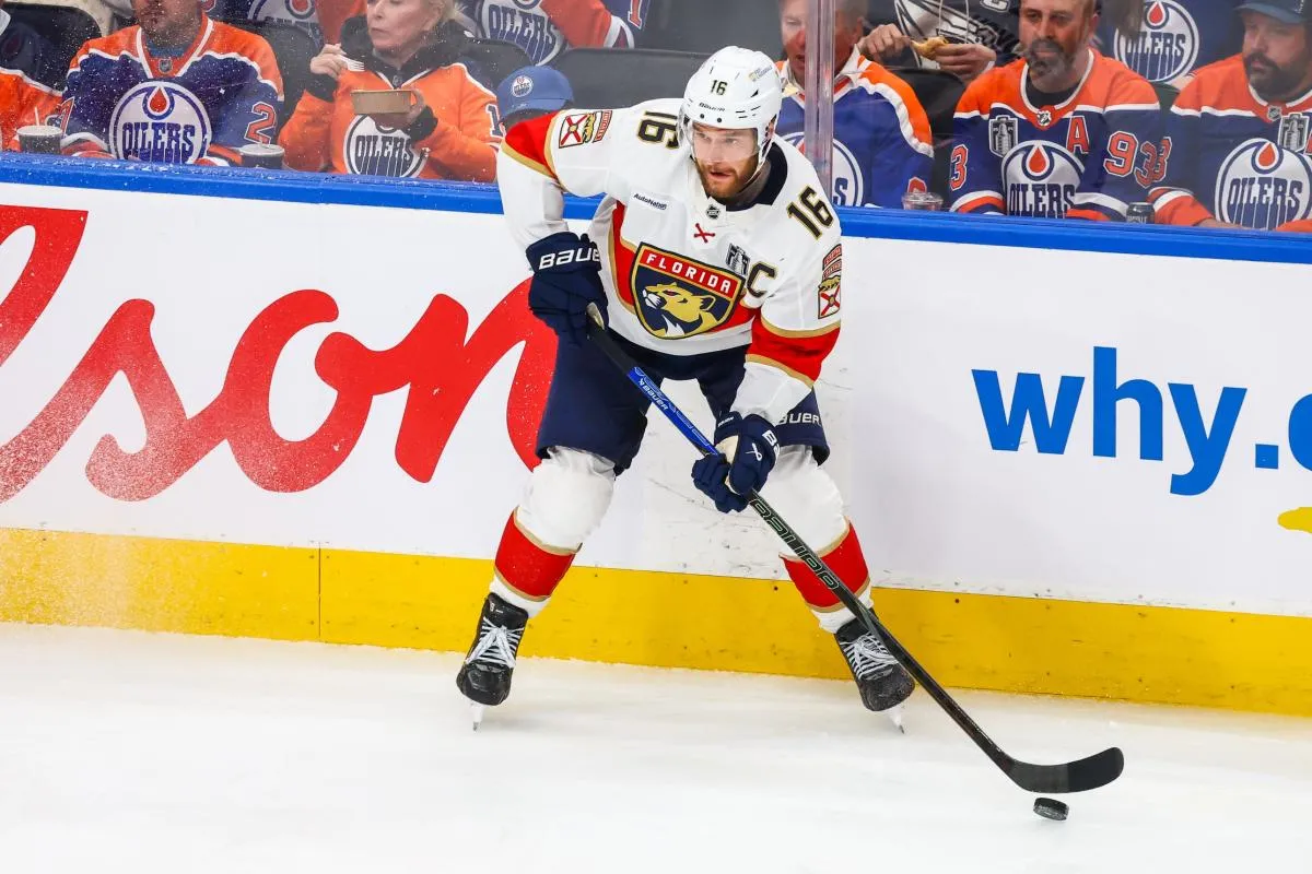 Florida Panthers center Aleksander Barkov (16) controls the puck against the Edmonton Oilers during the second period in game five of the 2025 Stanley Cup Final at Rogers Place.