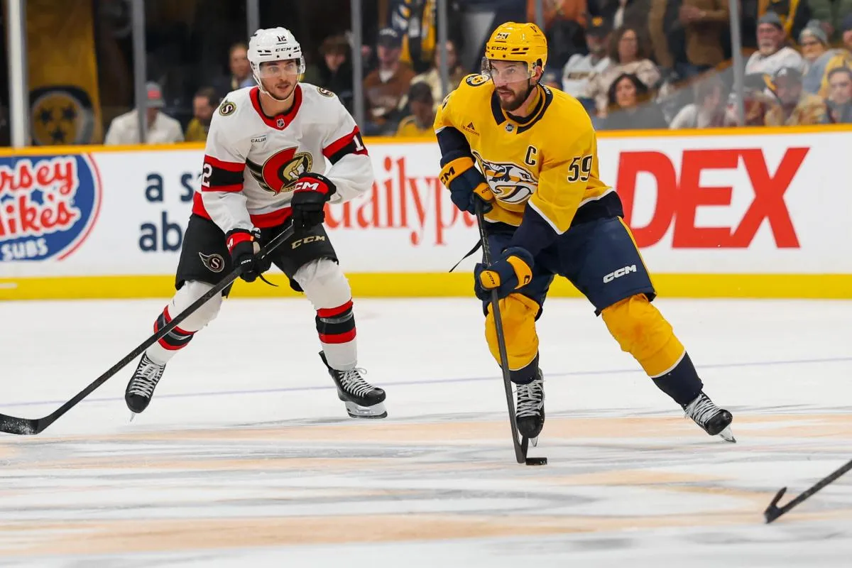 Nashville Predators defenseman Roman Josi (59) skates with the puck against the Ottawa Senators during the third period at Bridgestone Arena.