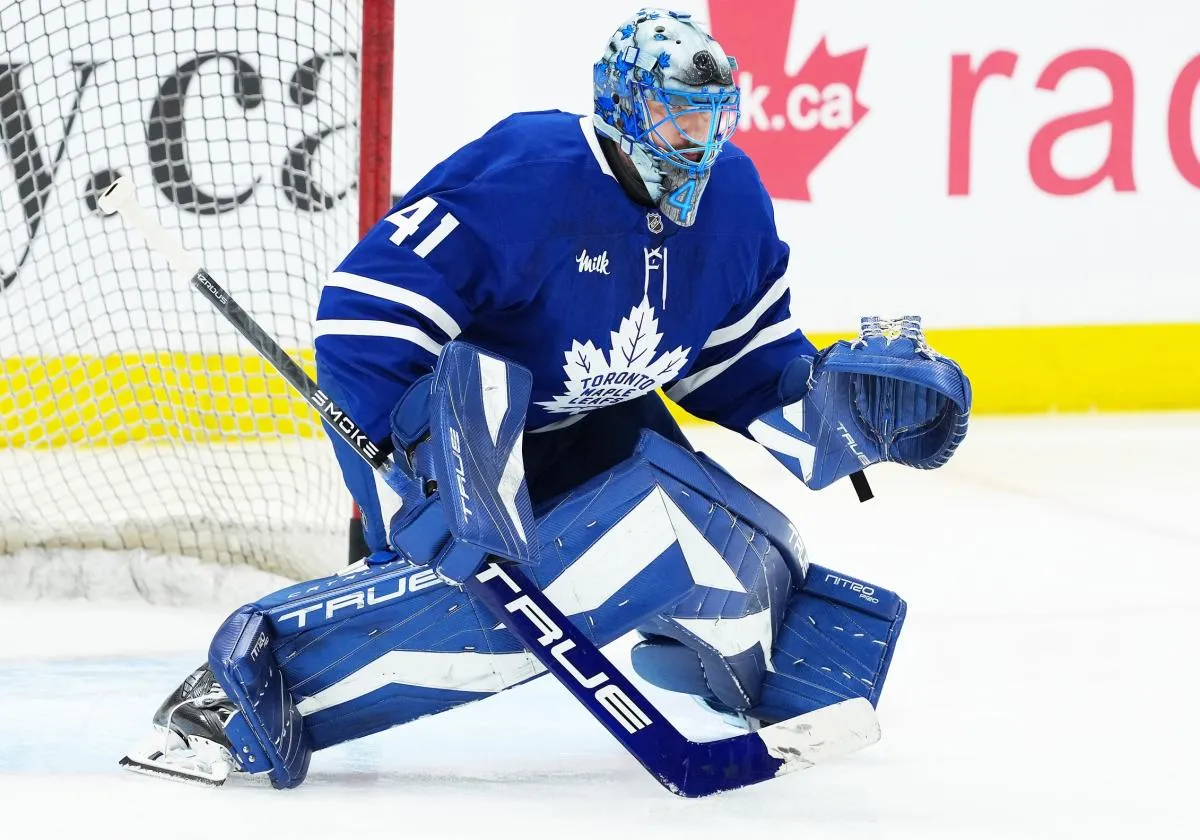 Toronto Maple Leafs goaltender Anthony Stolarz (41) takes puck shots during the warmup before a game against the Vegas Golden Knights at Scotiabank Arena.