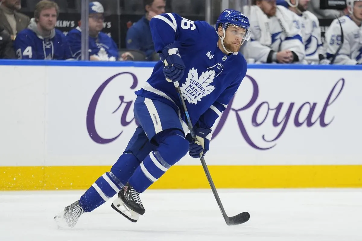 Toronto Maple Leafs defenseman Dakots Mermis (36) skates against the Tampa Bay Lightning during the second period at Scotiabank Arena.