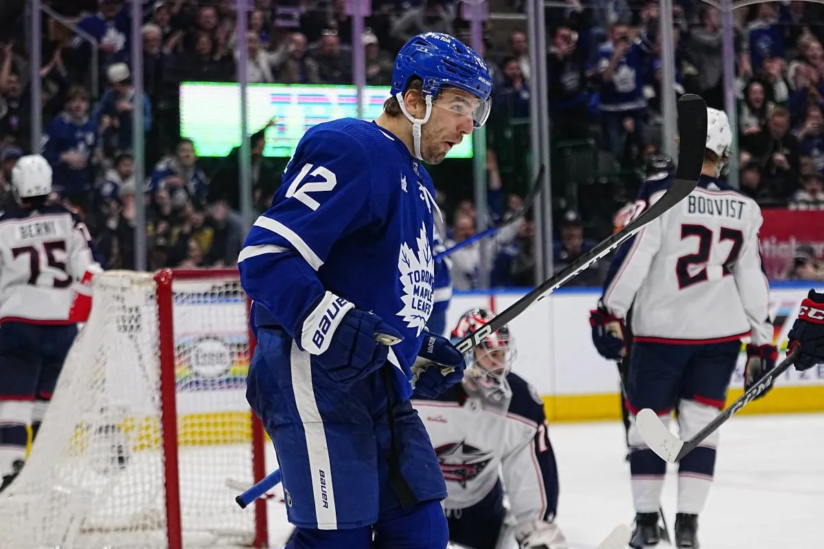 Toronto Maple Leafs forward Zach Aston-Reese (12) reacts after scoring his second goal of the game against the Columbus Blue Jackets during the third period at Scotiabank Arena.