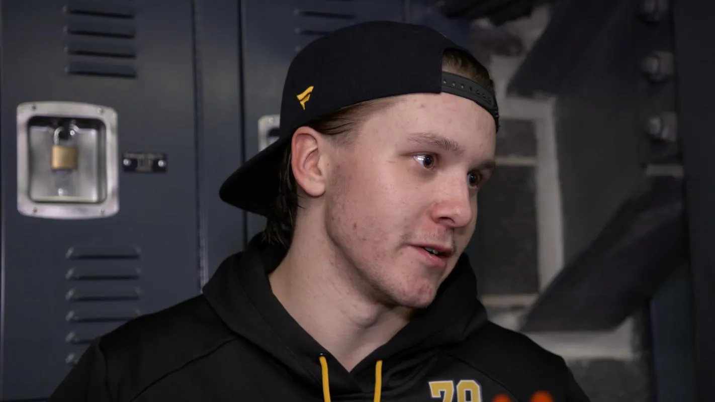 Penguins prospect Emil Pieniniemi speaking to the media during the team's prospect training camp.