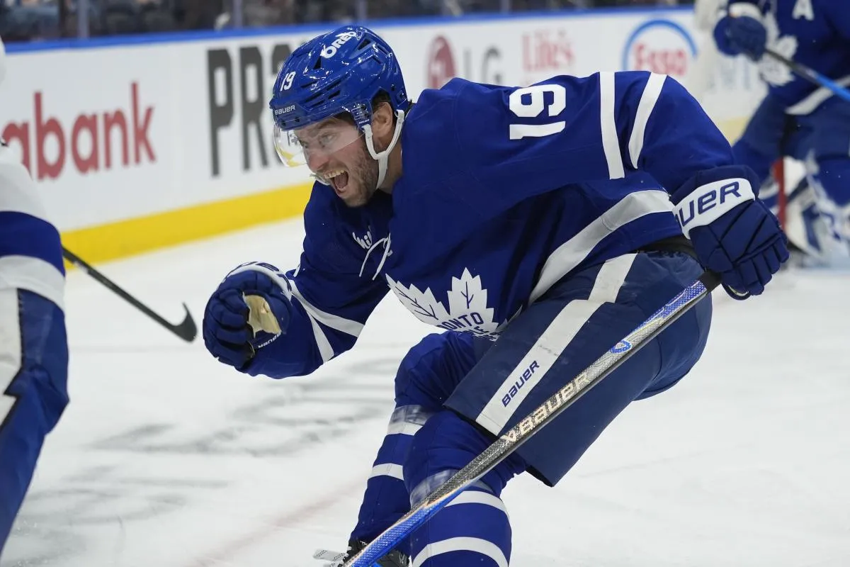 Toronto Maple Leafs forward Calle Jarnkrok (19) pursues th eplay against the Tampa Bay Lightning during the second period at Scotiabank Arena.