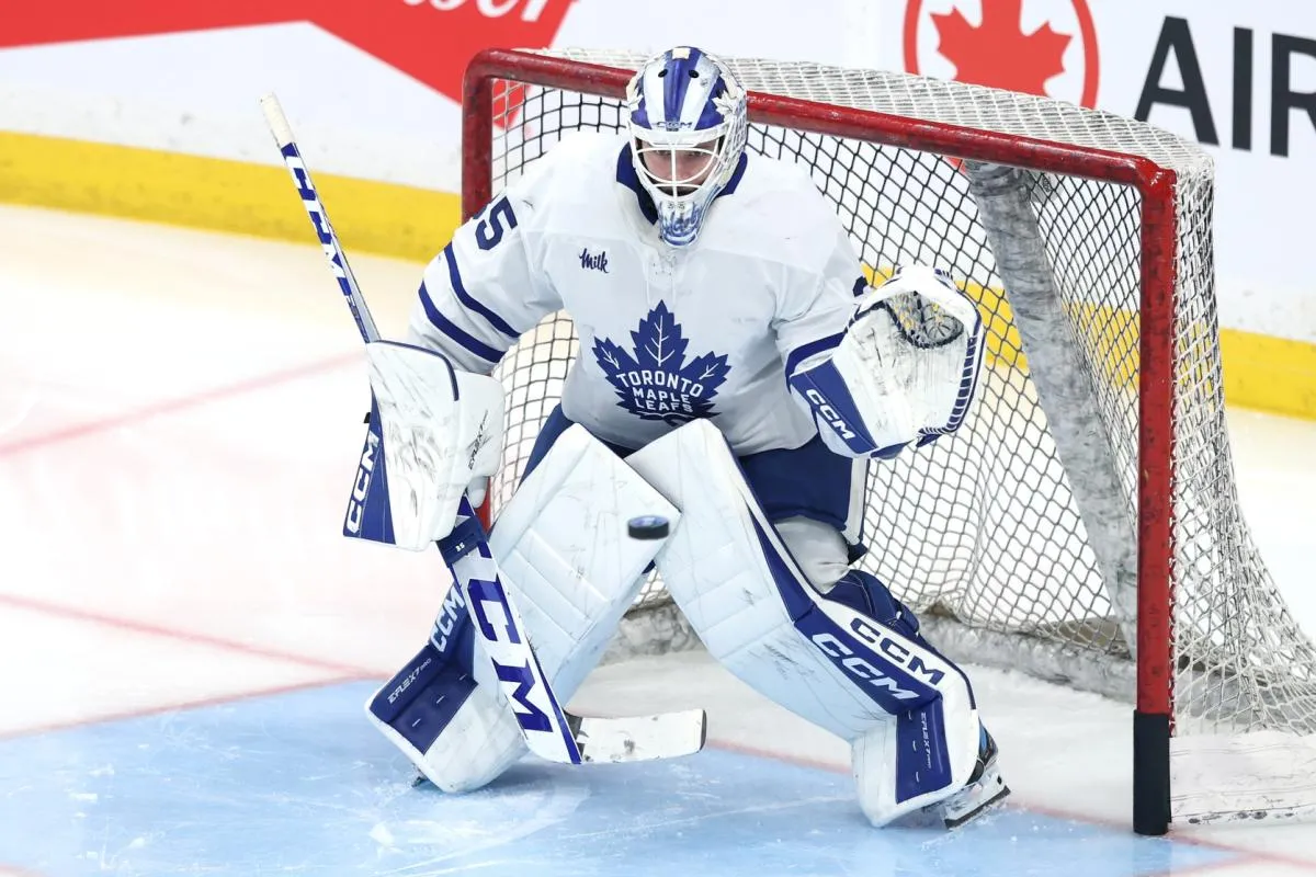 Toronto Maple Leafs goaltender Dennis Hildeby (35) warms up before a game against the Winnipeg Jets at Canada Life Centre.