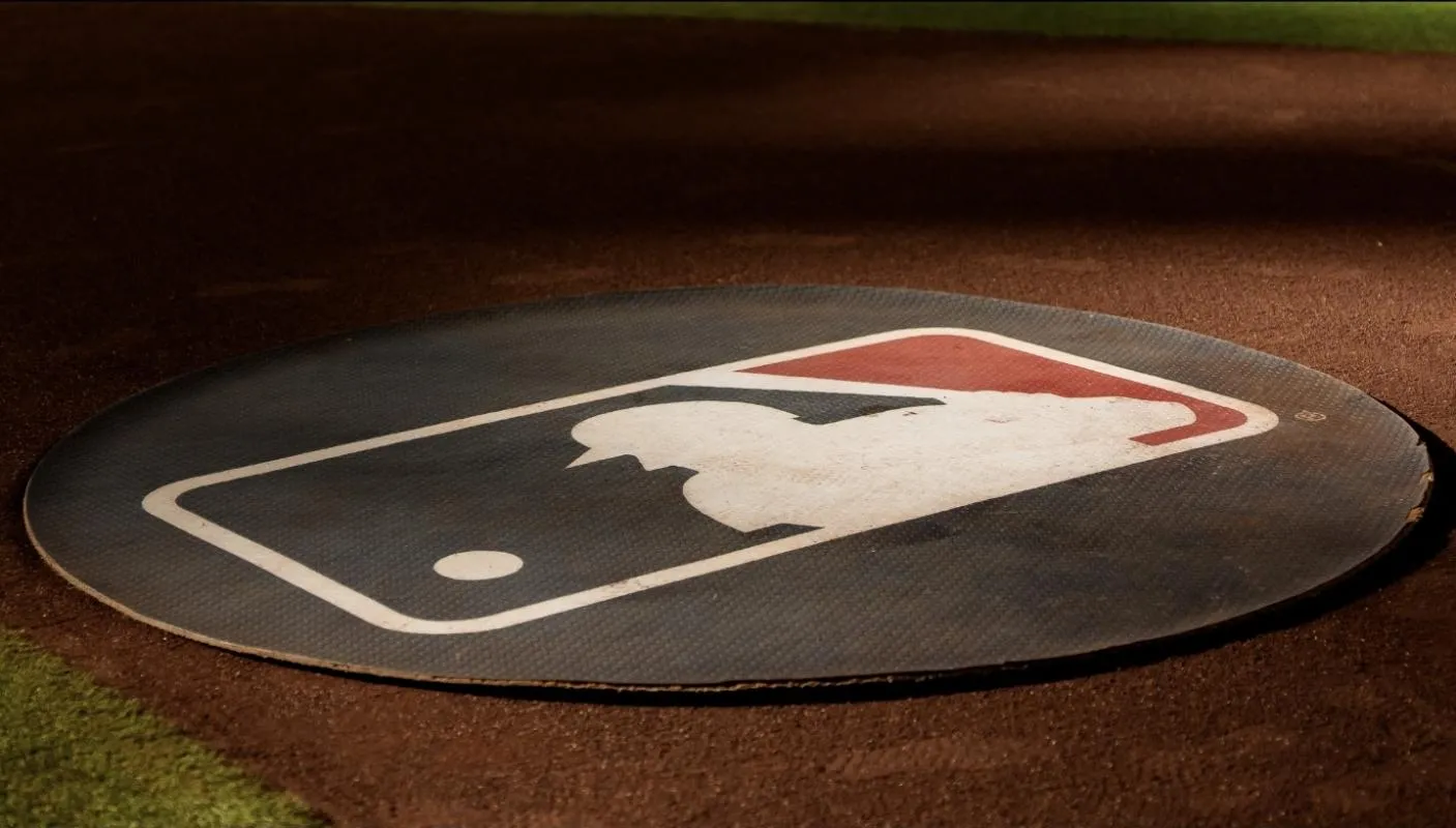 A general view of the MLB logo before the start of a game between the Cincinnati Reds and Arizona Diamondbacks at Chase Field.