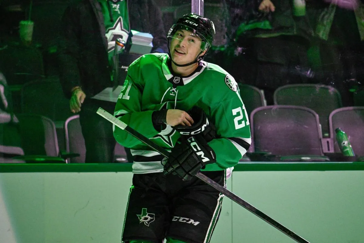 Dallas Stars left wing Jason Robertson (21) skates off the ice after the Stars victory over the St. Louis Blues at the American Airlines Center.