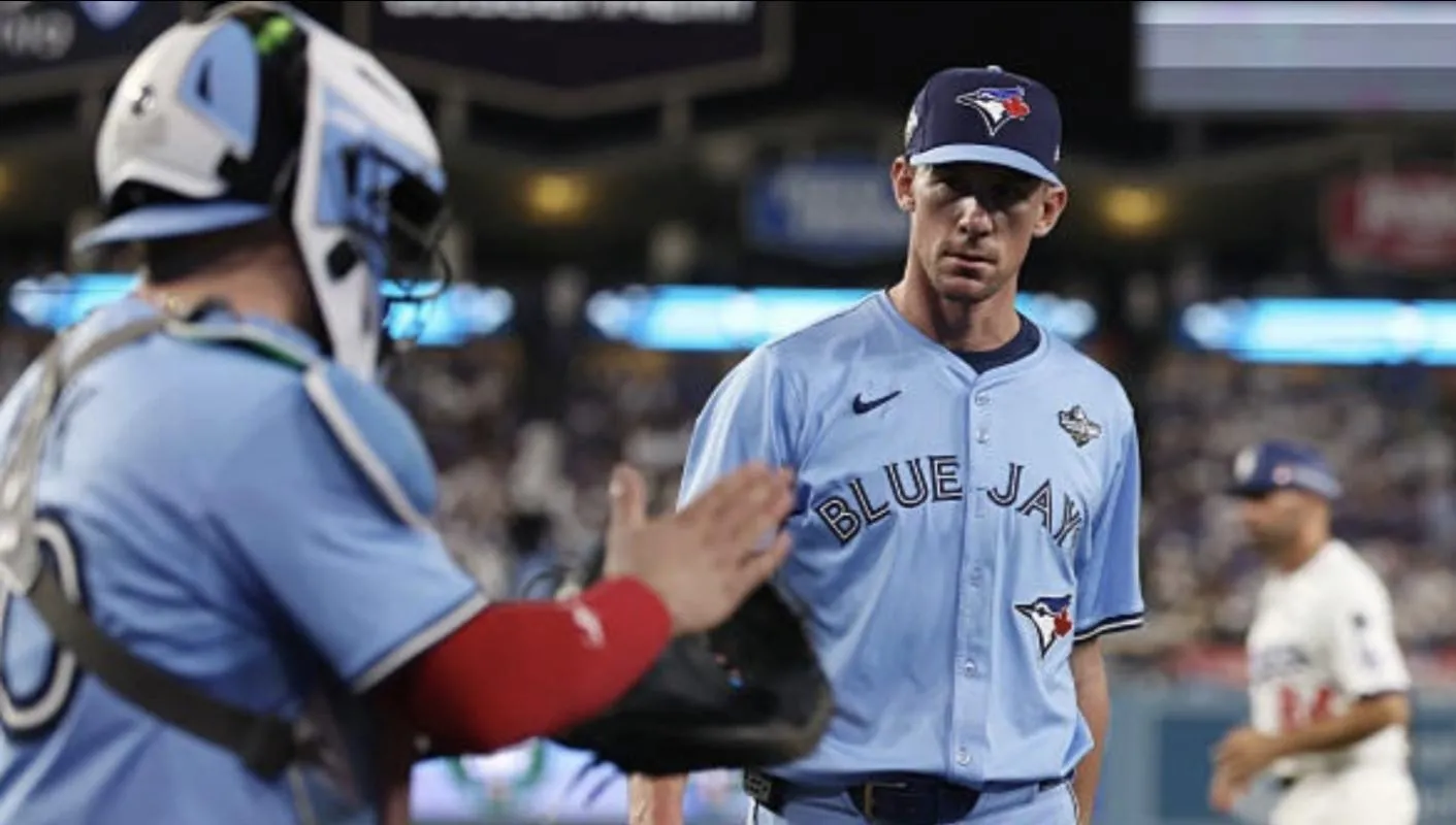 October, 2025: Toronto Blue Jays pitcher Chris Bassitt is applauded by catcher Alejandro Kirk (30) in Game four of the World Series between the Los Angeles Dodgers and the Toronto Blue Jays at Dodger Stadium in Los Angeles, CA.