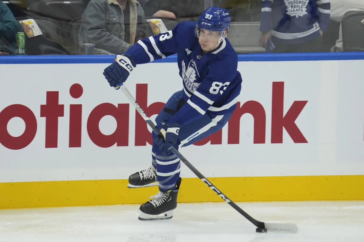 Toronto Maple Leafs defenseman Marshall Rifai (83) goes to pass the puck during warm up before a game against the Ottawa Senators at Scotiabank Arena.