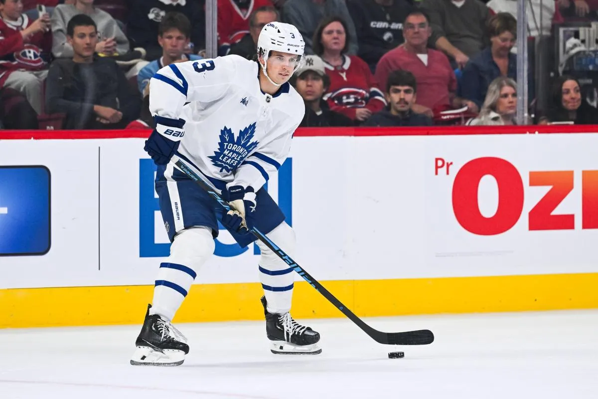Toronto Maple Leafs defenseman Henry Thrun (3) plays the puck against the Montreal Canadiens during the second period at Bell Centre.