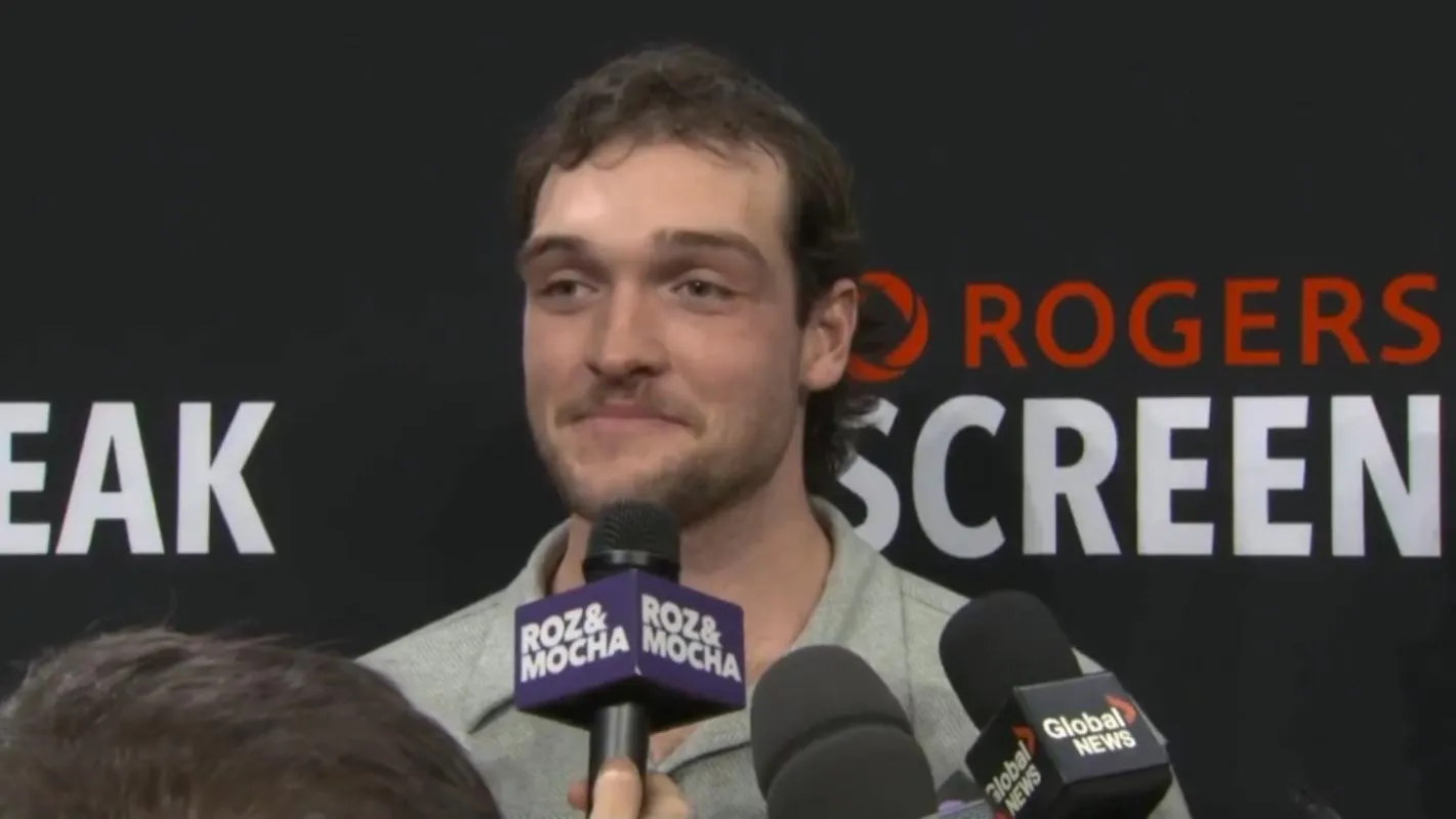 Toronto Blue Jays pitcher Trey Yesavage in Toronto Ontario Canada on Wednesday January 28. 2026 speaking to the media at the Rogers Screen Break Initiative.
