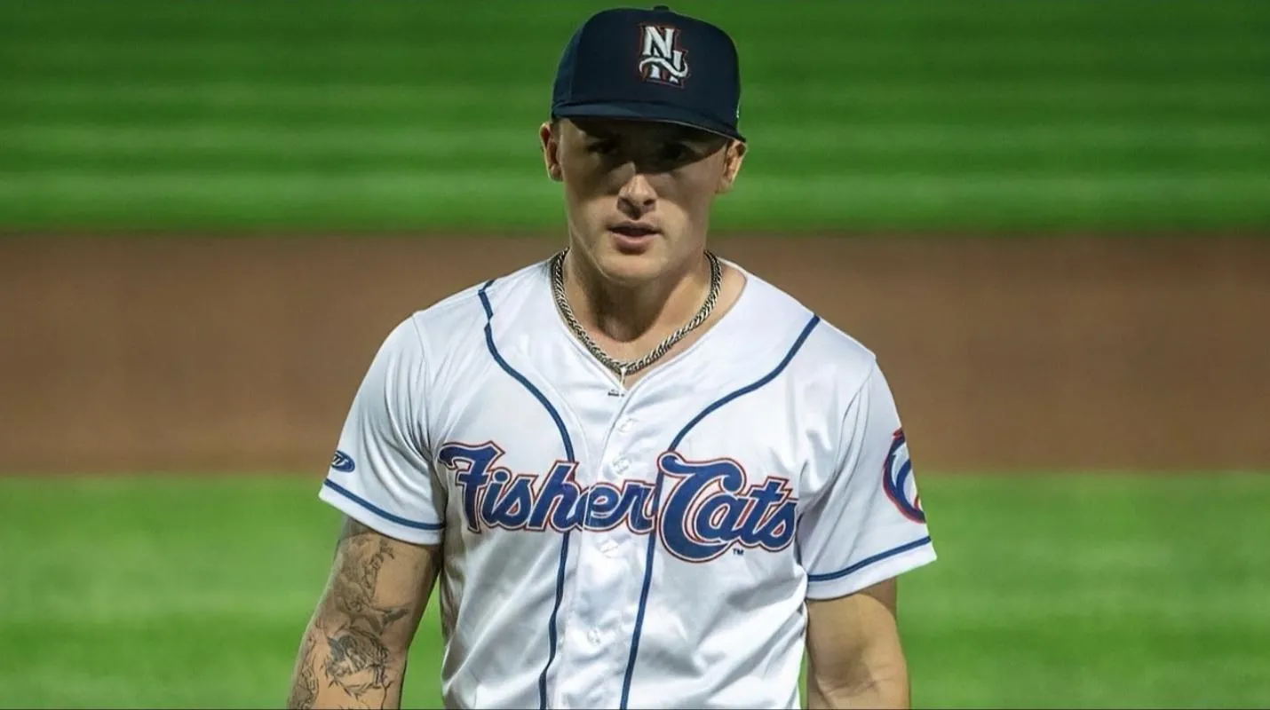 Toronto blue Jays top pitching prospect Gage Stanifer on the mound for the Double-A affiliate New Hampshire Fishercats.