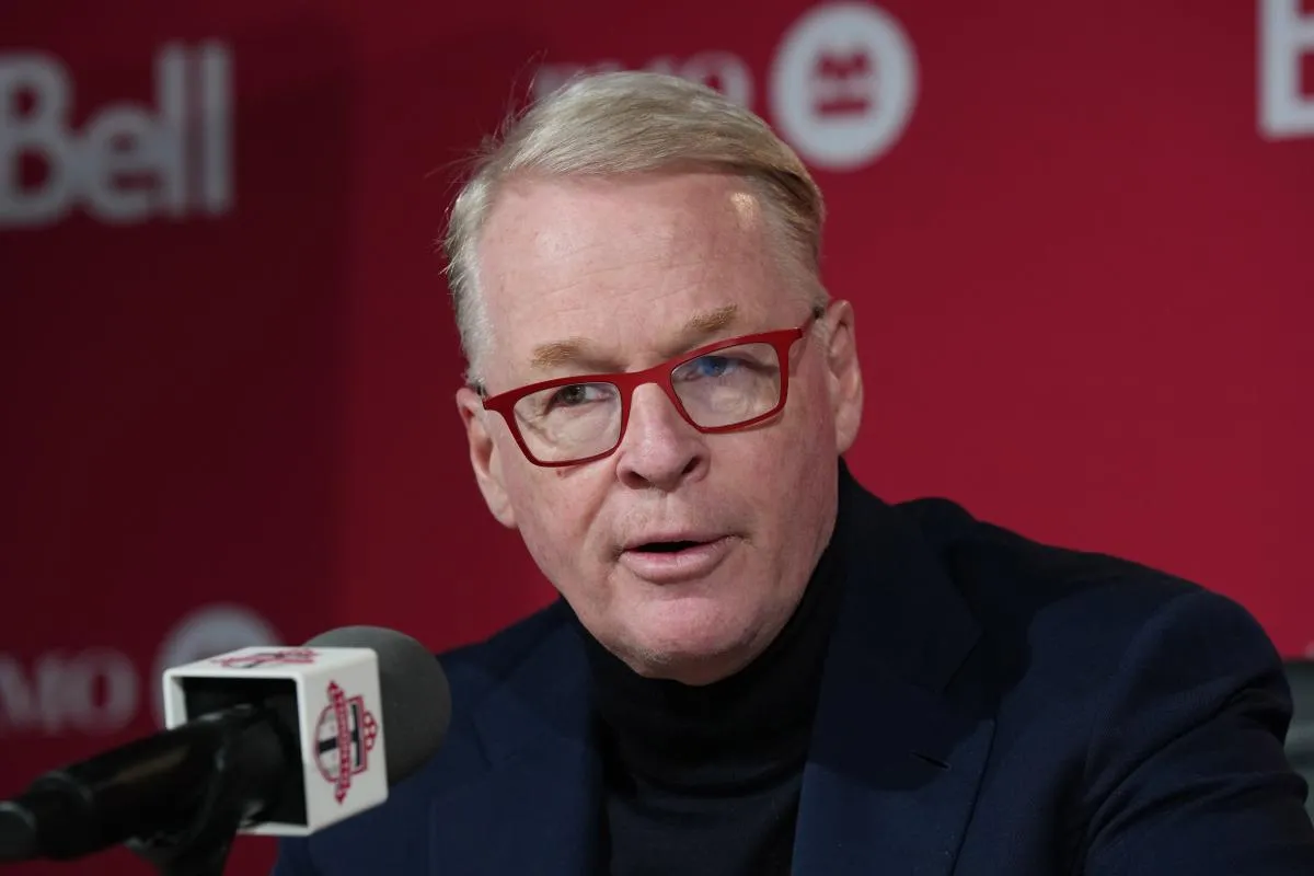 MLSE President and CEO Keith Pelley speaks to the media during the press conference at BMO Training Ground