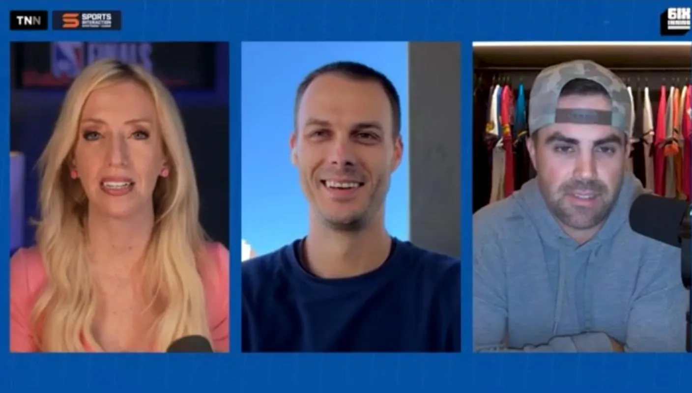6ix Inning Stretch Podcast host Lindsay Dunn, Toronto Blue Jays pitcher Tyler Rogers and former Toronto Blue Jays infielder Whit Merrifield.