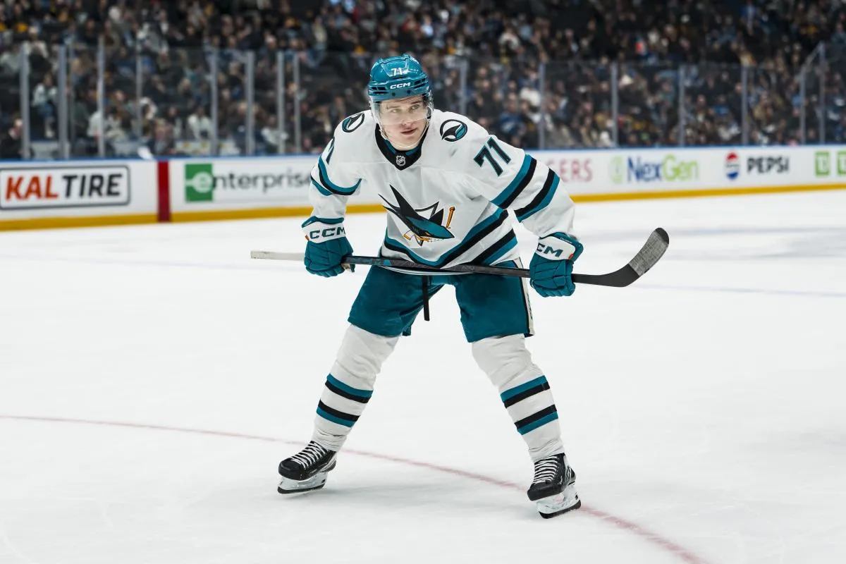 San Jose Sharks forward Macklin Celebrini (71) during a stop in play against the Vancouver Canucks in the third period at Rogers Arena.