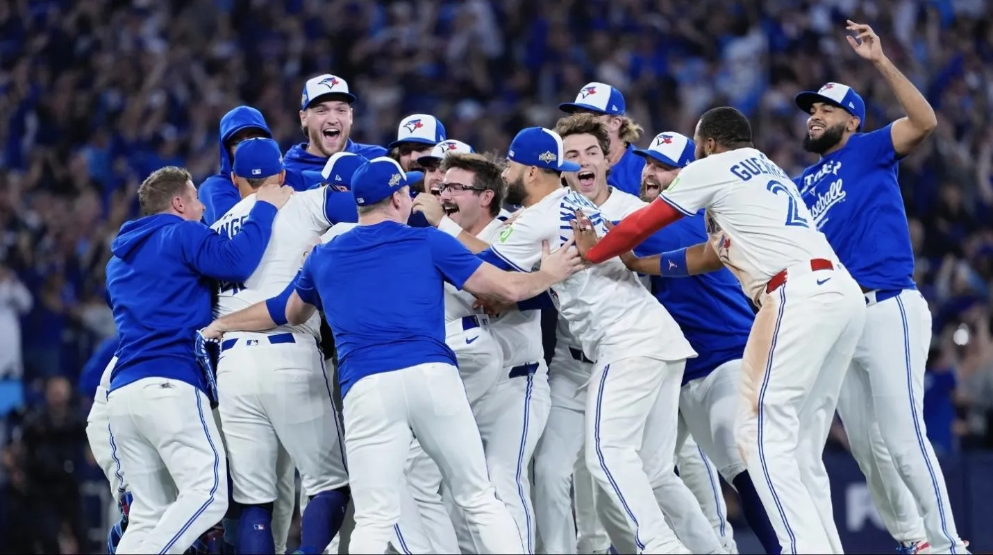 2025 Toronto Blue Jays celebrate American League Championship Series win at Rogers Centre.