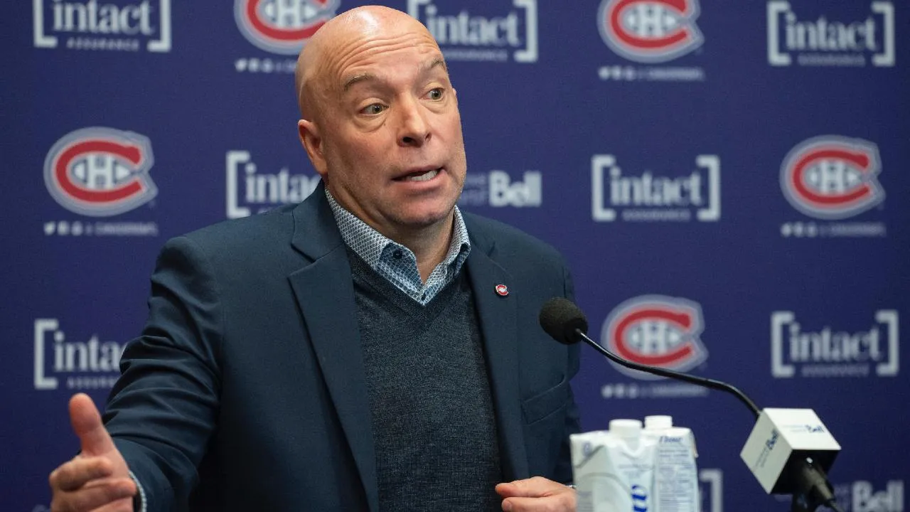 Montreal Canadiens GM Kent Hughes speaks to the media