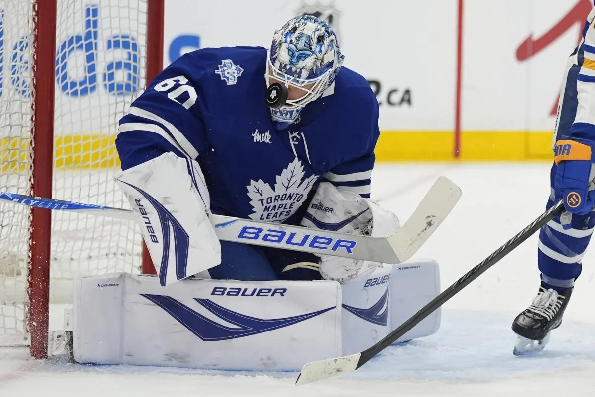 Toronto Maple Leafs goaltender Joseph Woll (60) makes a save against the Buffalo Sabres during the second period at Scotiabank Arena.