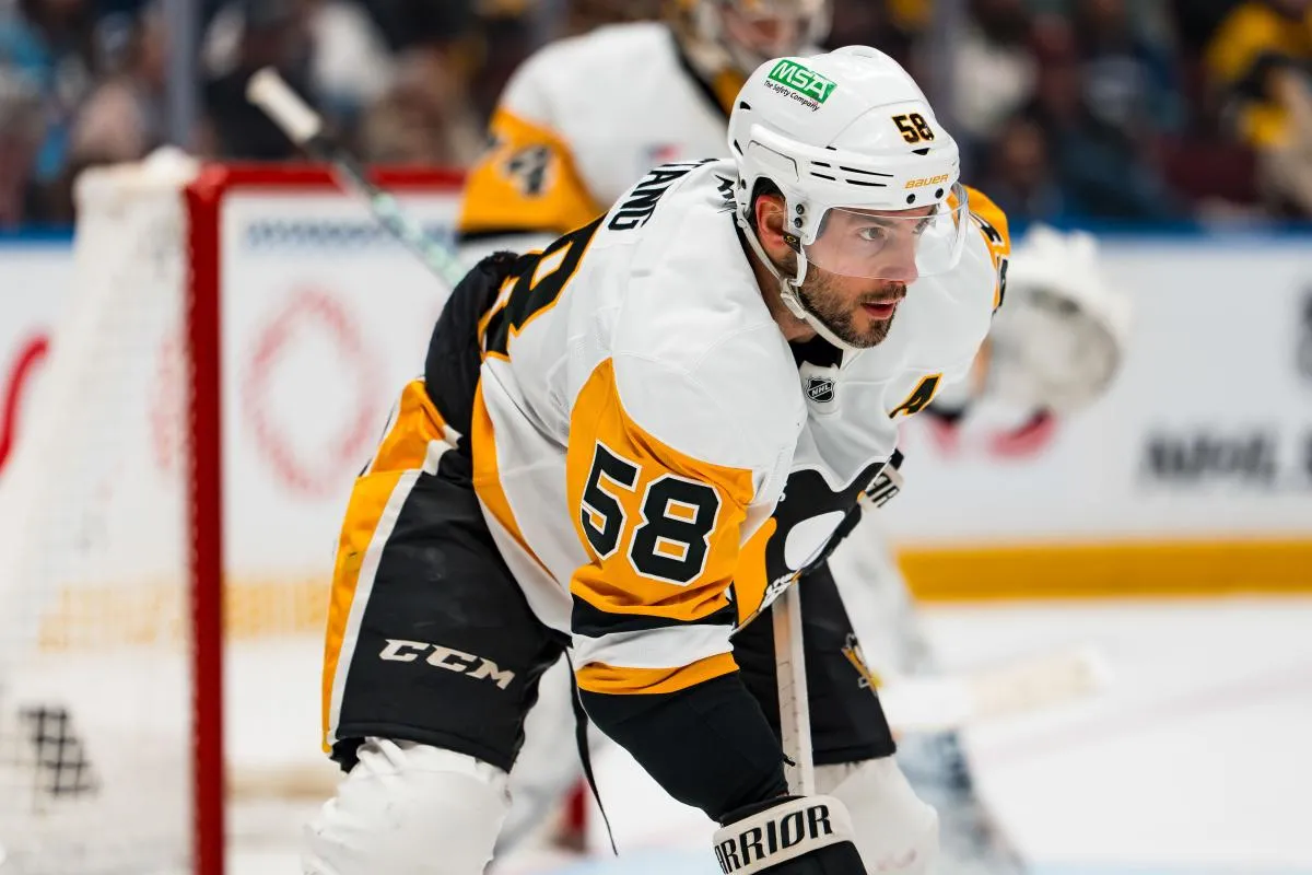 Pittsburgh Penguins defenseman Kris Letang (58) during a stop in play against the Vancouver Canucks in the second period at Rogers Arena.