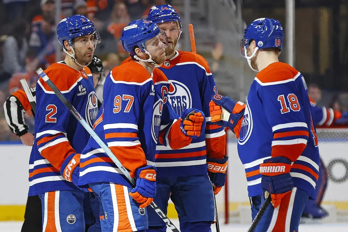 The Edmonton Oilers celebrate a goal scored by forward Connor McDavid (97) during the third period against the Anaheim Ducks at Rogers Place.