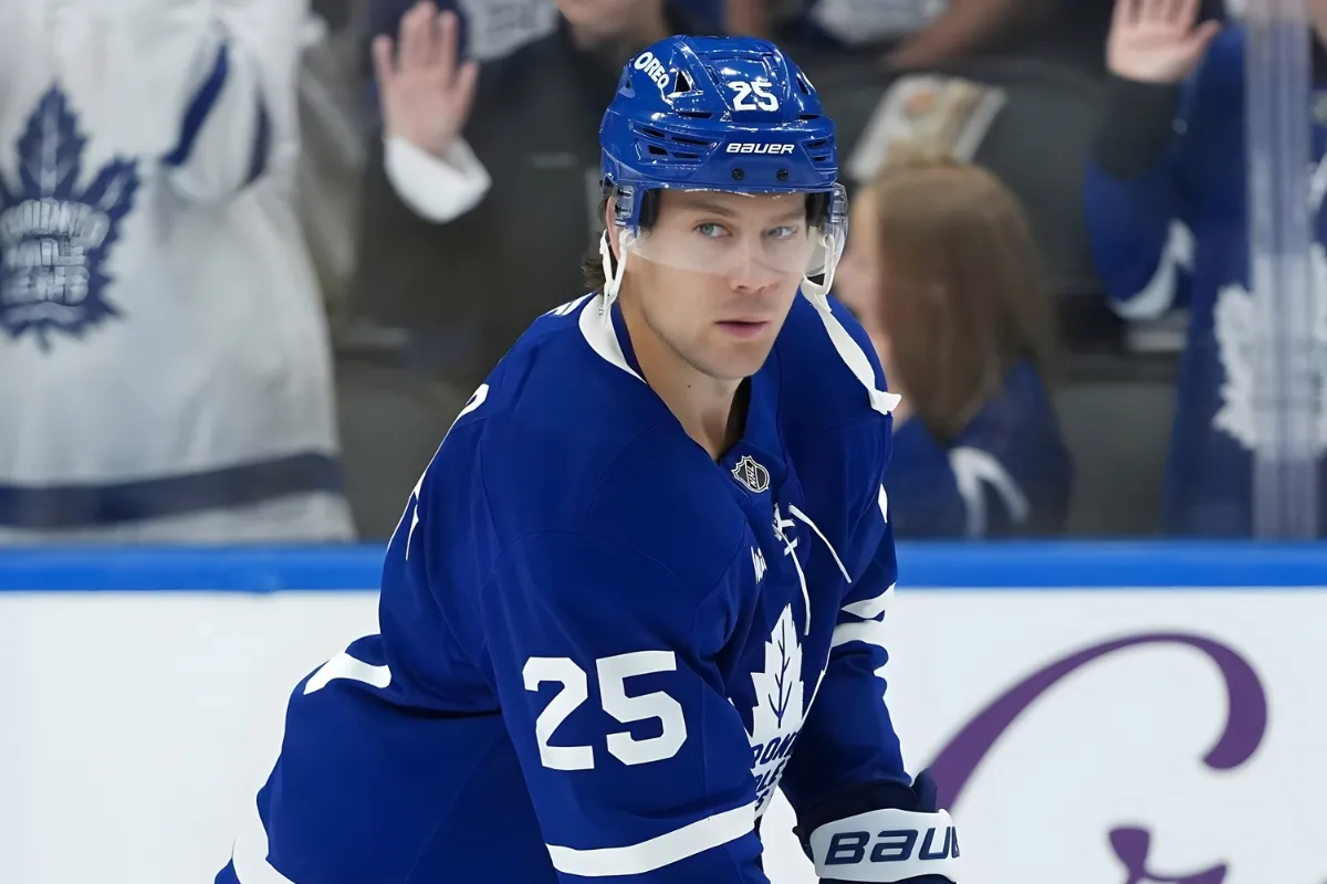 Toronto Maple Leafs defenseman Brandon Carlo (25) skates during the warmup before a game against the Seattle Kraken at Scotiabank Arena.