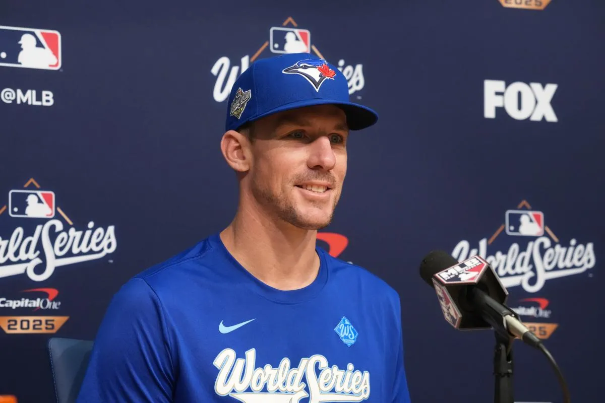 Toronto Blue Jays starting pitcher Chris Bassitt (40) at press conference during game five of the 2025 MLB World Series at Dodger Stadium.