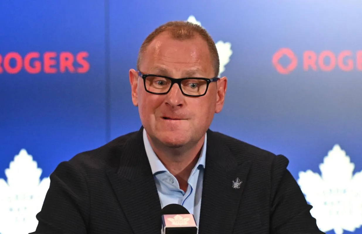 Toronto Maple Leafs new general manager Brad Treliving reacts to a question during an introductory press conference at Scotiabank Arena.