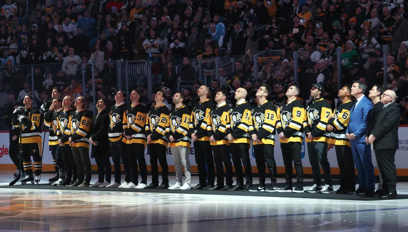 The members of the 2016 Stanley Cup Champion Pittsburgh Penguins are honored on the tenth anniversary before a game against the New York Rangers at PPG Paints Arena.