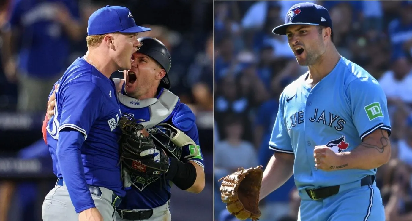 Toronto Blue Jays catcher Tyler Heineman (55), pitcher Braydon Fisher (63) and left-handed pitcher Mason Fluharty (68).