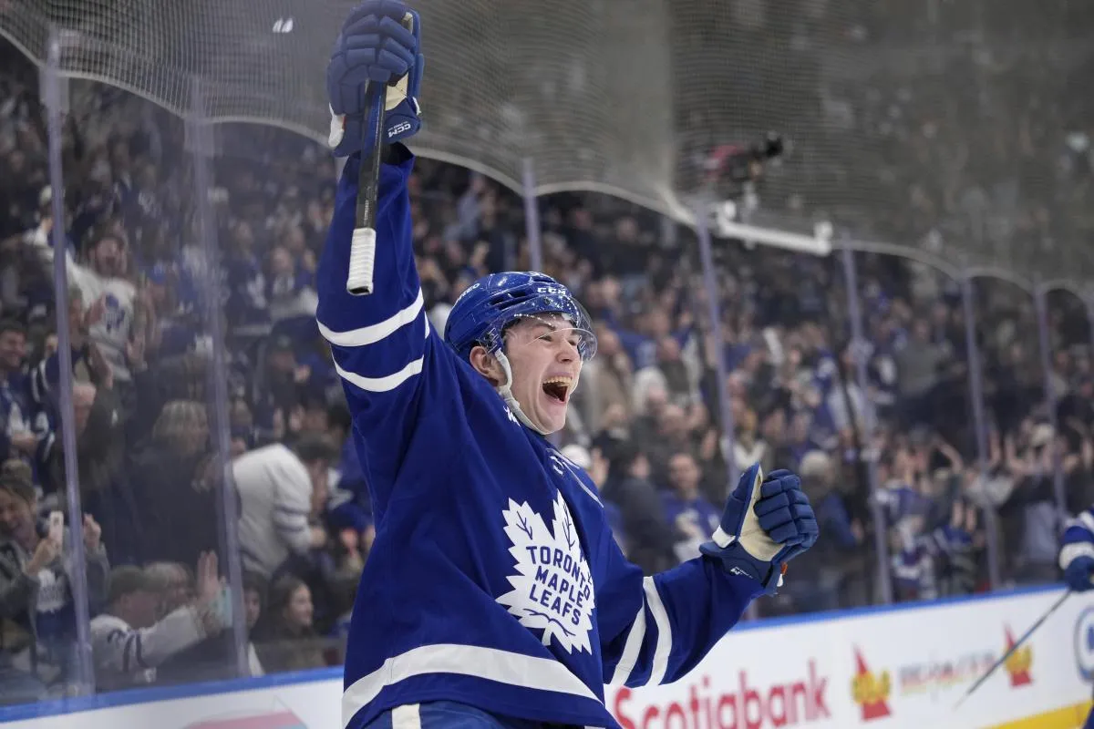 Toronto Maple Leafs forward Fraser Minten (39) reacts after scoring his first career NHL goal against the Vegas Golden Knights during the first period at Scotiabank Arena.