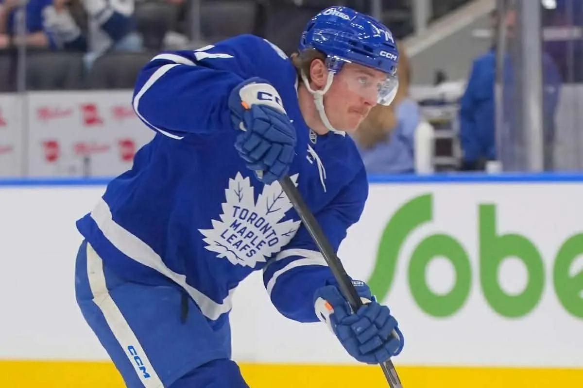 Toronto Maple Leafs forward Bobby McMann (74) goes to shoot the puck during warm up before a game against the Buffalo Sabres at Scotiabank Arena.