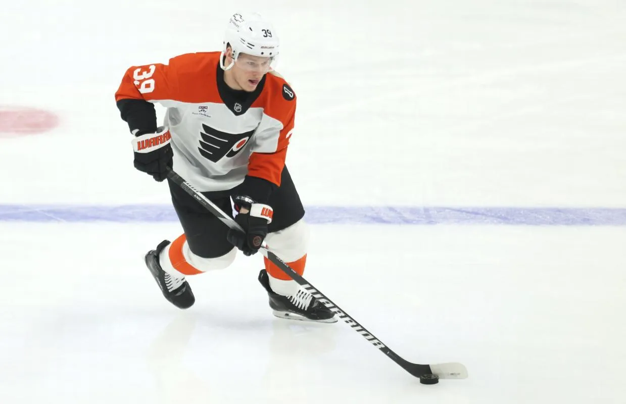 Philadelphia Flyers right wing Matvei Michkov (39) warms up against the Pittsburgh Penguins at PPG Paints Arena.