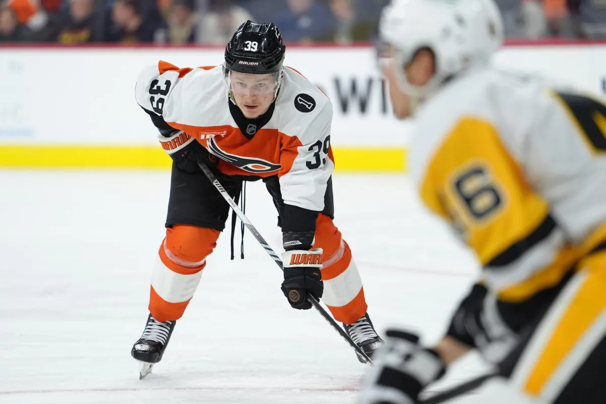 Philadelphia Flyers right wing Matvei Michkov (39) looks on against the Pittsburgh Penguins in the third period at Xfinity Mobile Arena.