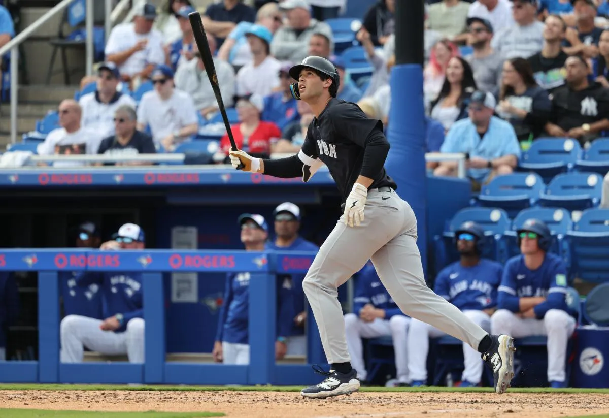 New York Yankees center fielder Spencer Jones (78) hits a home run during the sixth inning against the Toronto Blue Jays at TD Ballpark.
