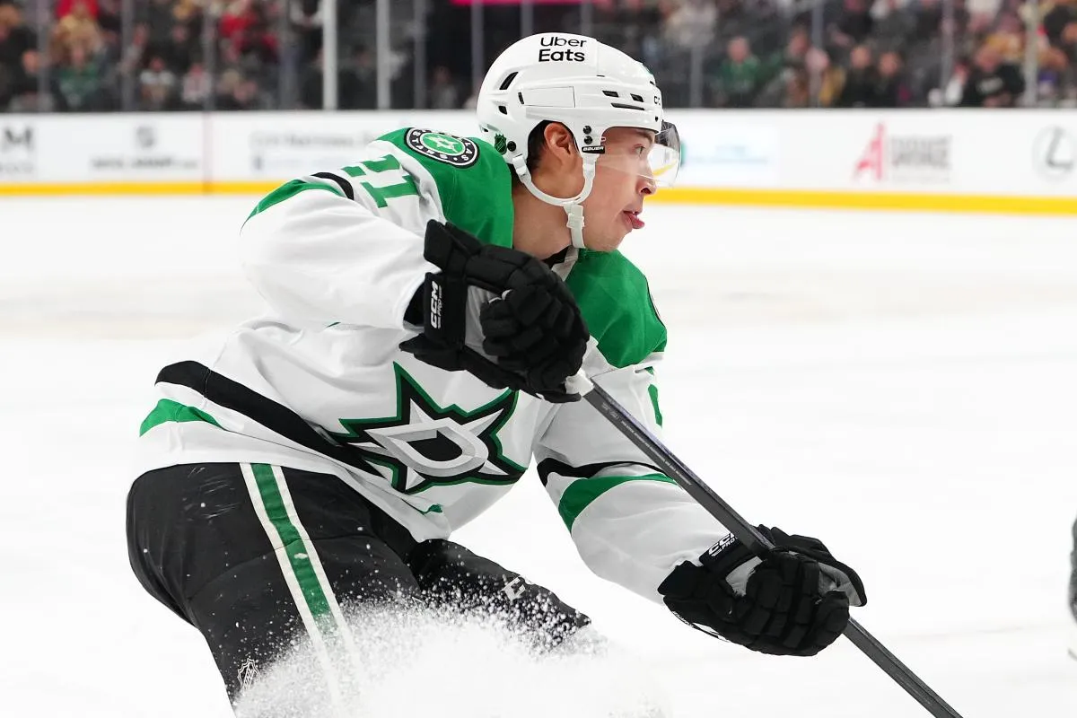 Dallas Stars left wing Jason Robertson (21) skates against the Vegas Golden Knights during the first period at T-Mobile Arena.