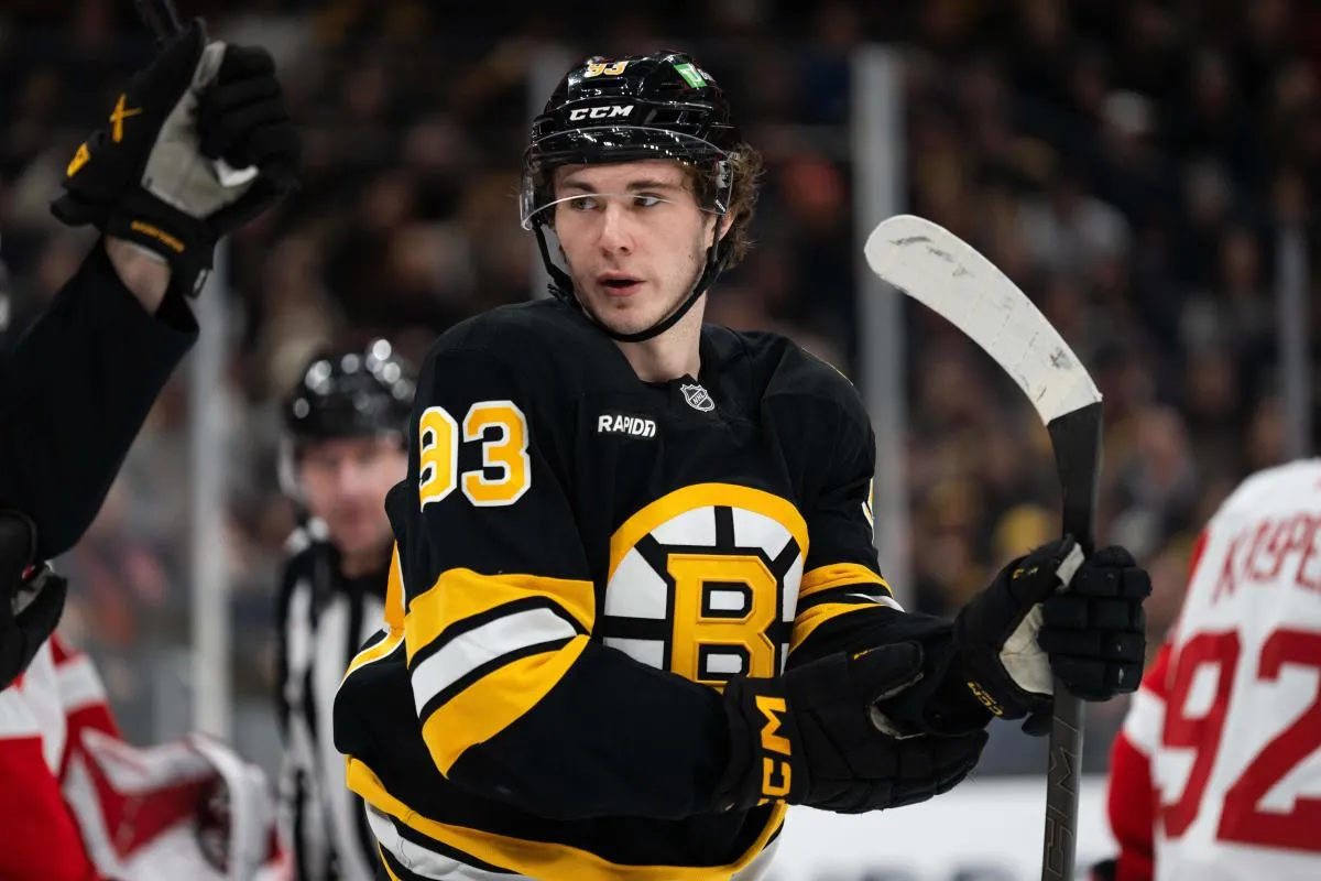 Boston Bruins center Fraser Minten (93) after a whistle during the first period against the Detroit Red Wings at TD Garden.