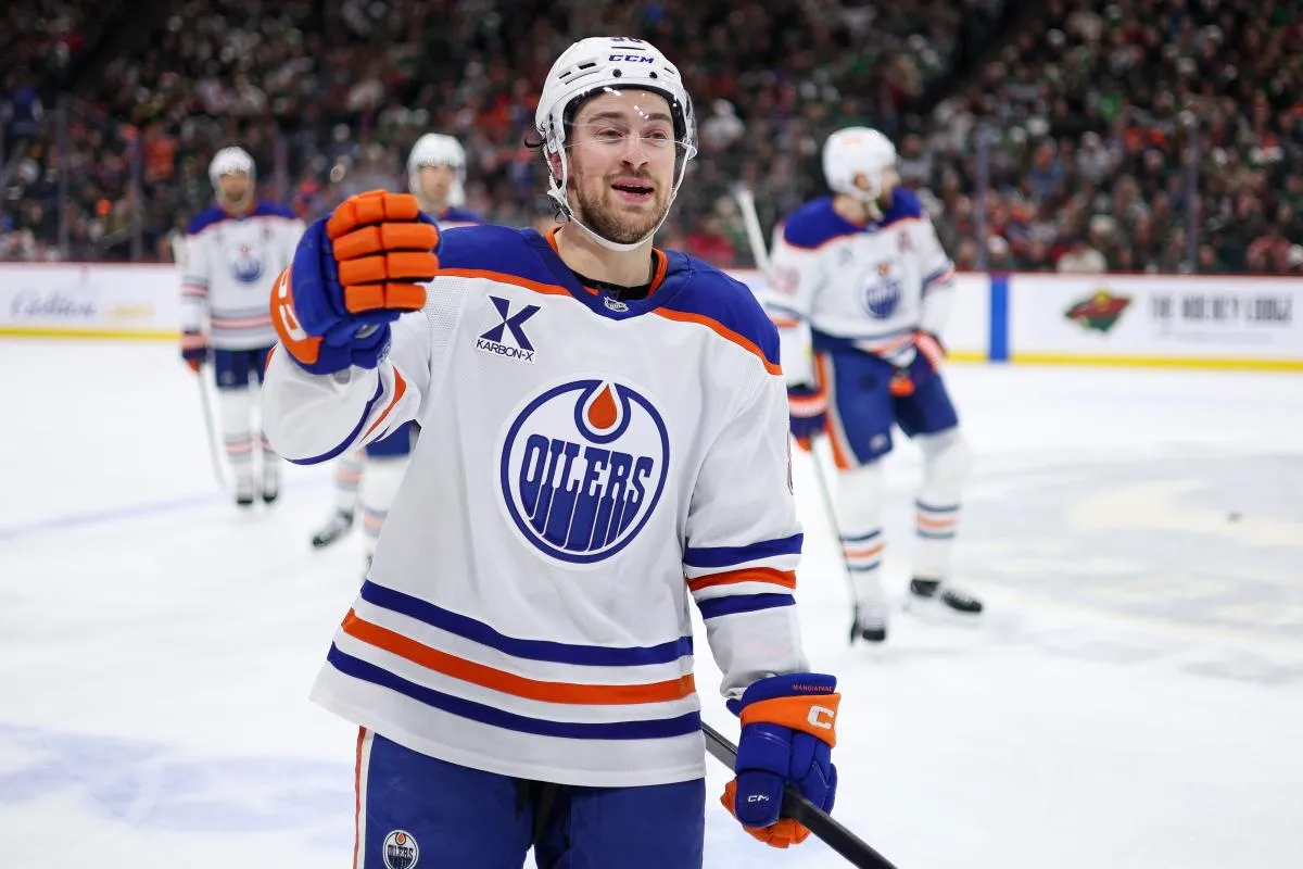 Edmonton Oilers left wing Andrew Mangiapane (88) celebrates his goal against the Minnesota Wild during the first period at Grand Casino Arena.