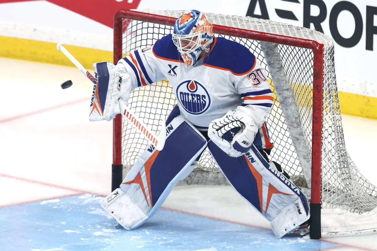 Edmonton Oilers goaltender Calvin Pickard (30) warms up before a game against the Winnipeg Jets at Canada Life Centre.