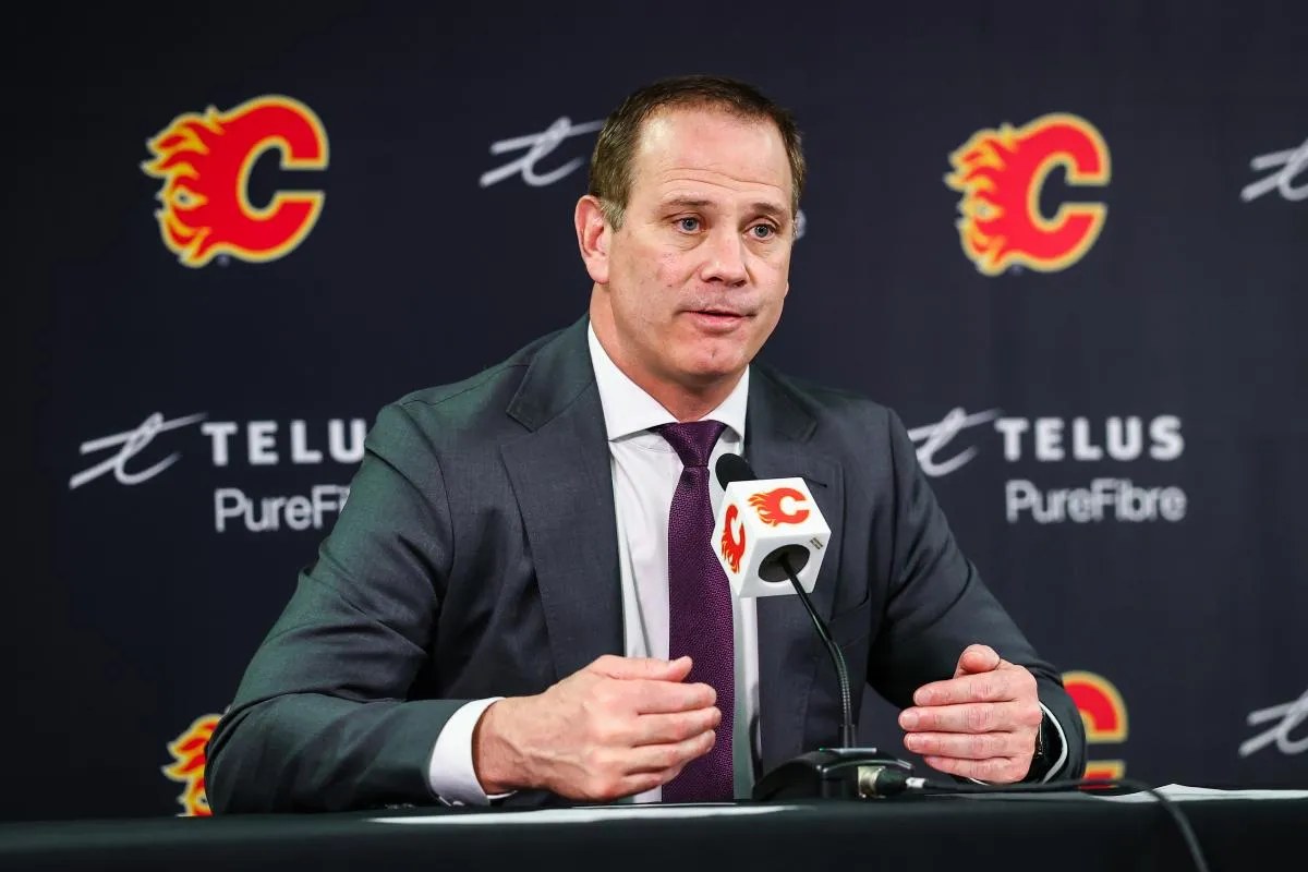 Calgary Flames general manager Craig Conroy during interview after the game against the Anaheim Ducks at Scotiabank Saddledome.