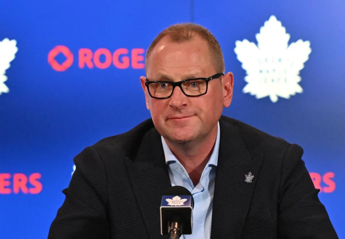 Toronto Maple Leafs new general manager Brad Treliving is introduced at a press conference at Scotiabank Arena.