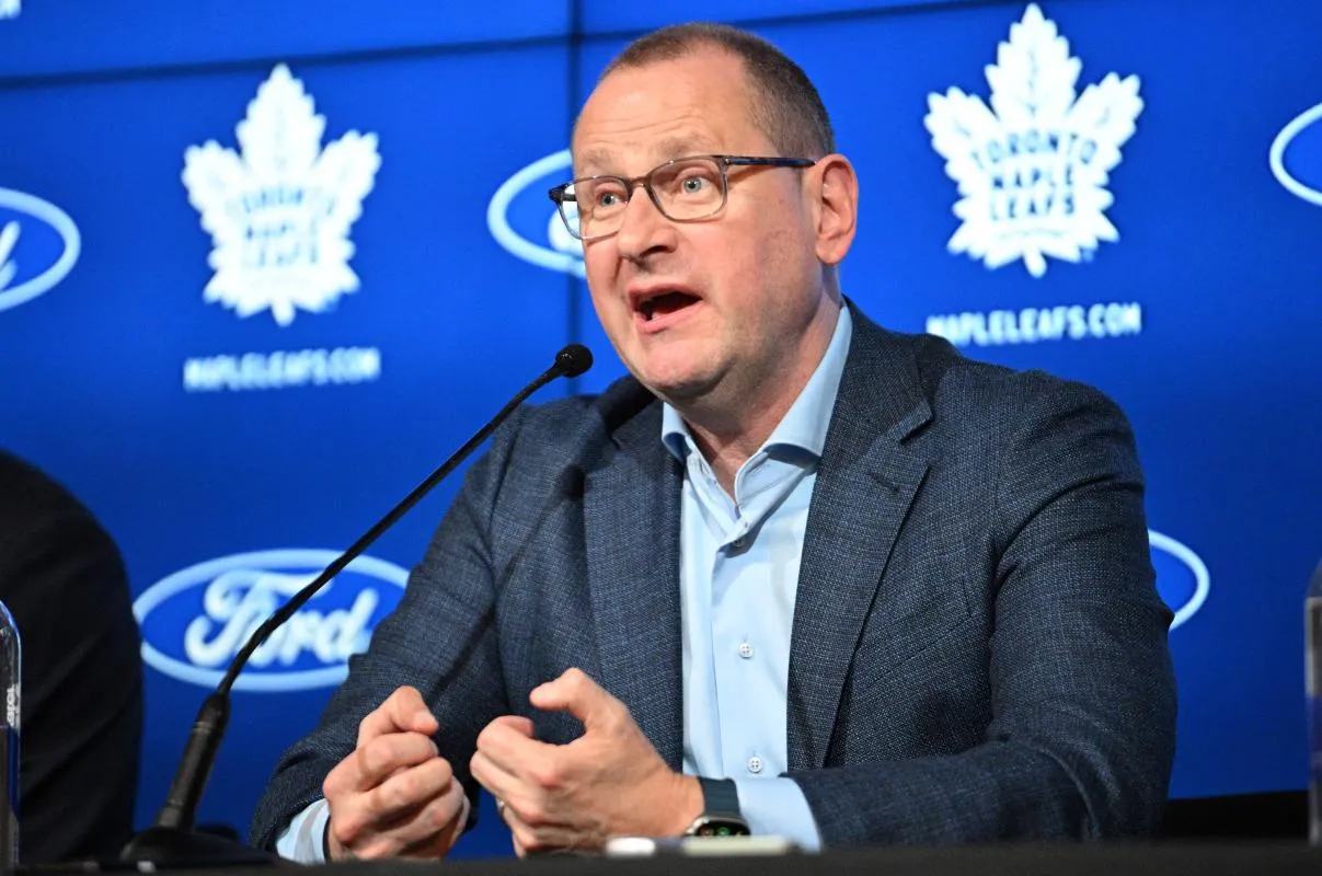 Toronto Maple Leafs general manager Brad Treliving speaks during a media conference to introduce new head coach Craig Berube (not shown) at Ford Performance Centre.